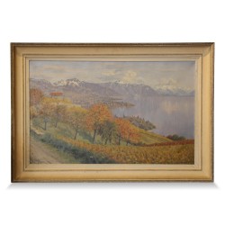 Gemälde \"Ansicht von Lavaux, dem See und den Voralpen\", signiert Albert Duplain (1890–1978).